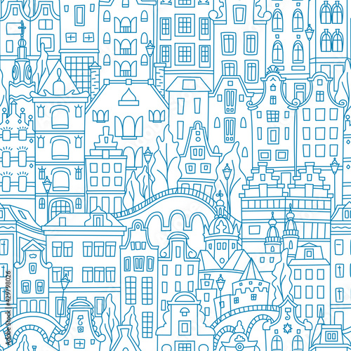 Blue Seamless pattern with Amsterdam canal and typical dutch houses, Holland, Netherlands.