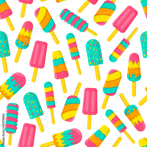 Summer frozen bright colorful ice cream with different designs. Seamless vector pattern