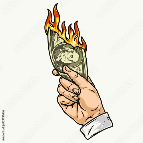 Male hand holding burning dollar banknote