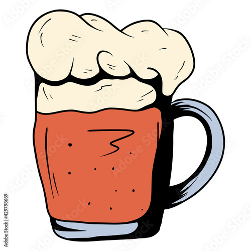 Mug with ale. Beer in a glass mug. Alcohol. Bar. Cartoon style.