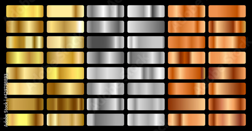 Gold, silver, bronze and golden foil texture gradation background set. Vector shiny hologram and metalic gradient collection for border, frame, ribbon, label design. Vector illustration