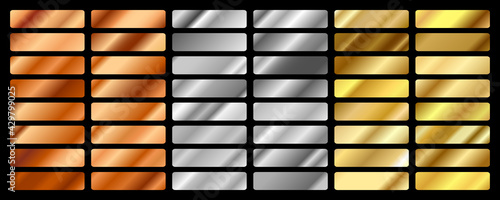 Gold, silver, bronze and golden foil texture gradation background set. Vector shiny hologram and metalic gradient collection for border, frame, ribbon, label design. Vector illustration