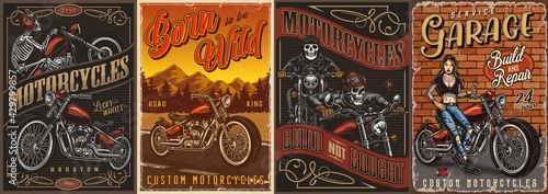 Motorcycle vintage colorful posters set