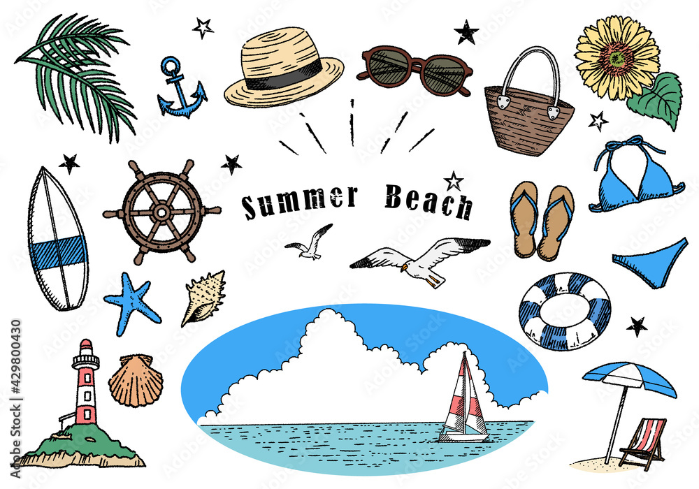 夏のビーチイラストセット 手描き線画 02 Stock ベクター Adobe Stock