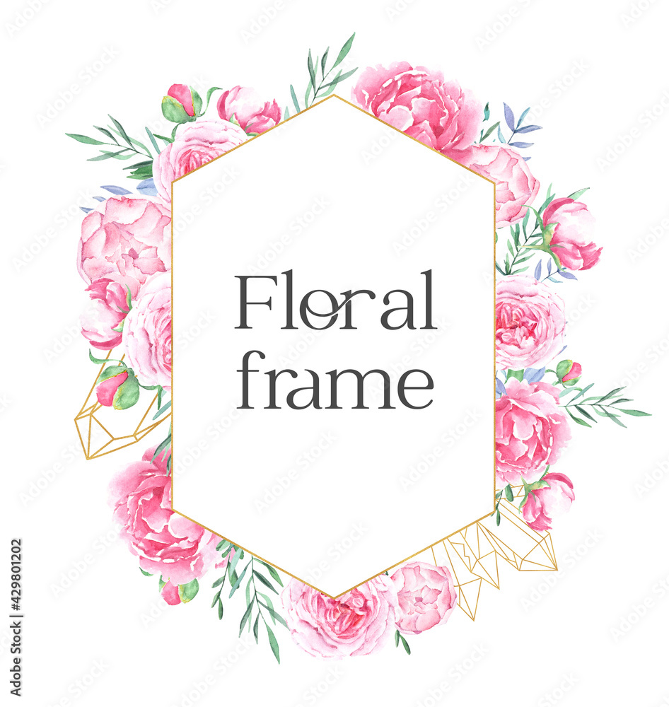 Hand drawn watercolor golden frame with pink peonies and crystals Hand drawn watercolor golden frame with pink peonies and crystals