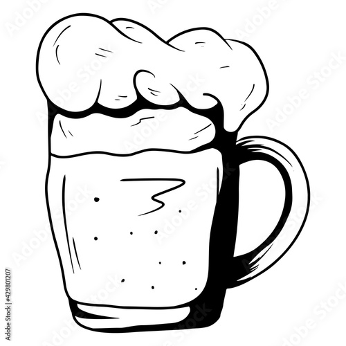 Mug with ale. Beer in a glass mug. Alcohol. Bar. Cartoon style.