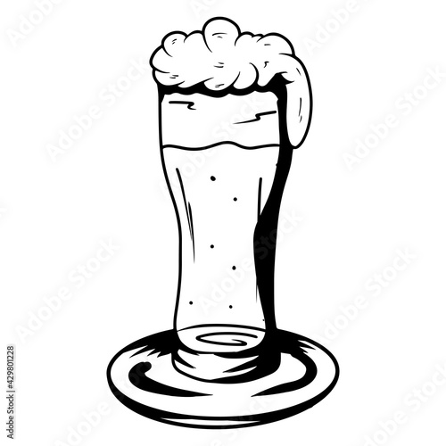 Beer in a glass. Alcohol. Bar. Alcoholic drink in a glass goblet. Cartoon style.
