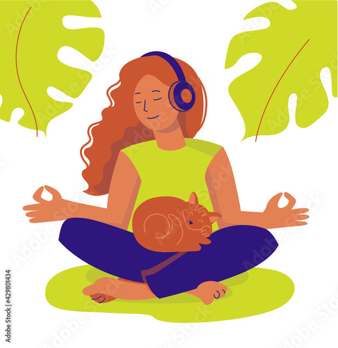 Red hair girl meditating with headphones on her head in nature leaves with cat on her lap. Flat vector illustration