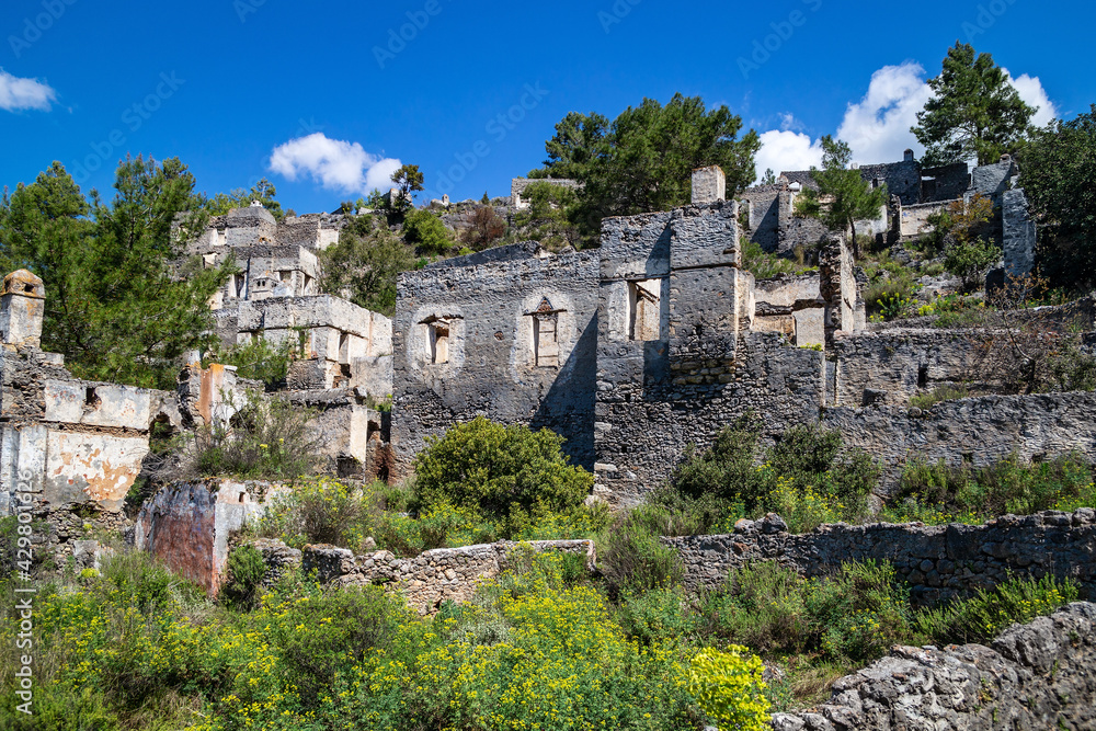 The abandoned Greek Kayakoy Town, also known as Karmilissos or Ghost Town. Fethiye, Mugla Province, southwestern Turkey. Mediterranean coast. The abandoned Greek Kayakoy Town, also known as Karmilissos or Ghost Town. Fethiye, Mugla Province, southwestern Turkey. Mediterranean coast.