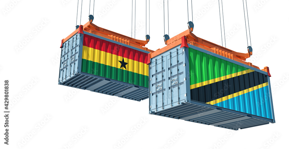 Freight containers with Ghana and Tanzania national flags. 3D Rendering Freight containers with Ghana and Tanzania national flags. 3D Rendering