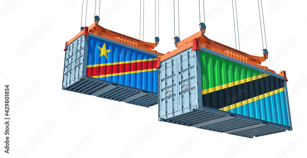 Freight containers with Democratic Republic of the Congo and Tanzania national flags. 3D Rendering Freight containers with Democratic Republic of the Congo and Tanzania national flags. 3D Rendering
