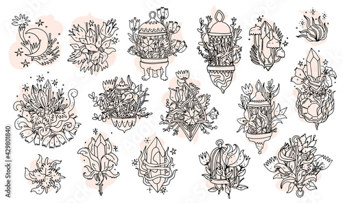 Magic crystals with flowers set. Line art hand drawn doodle elements with quartz crystals and flowers in a birdcage. Elegance and aesthetic floral design icons isolated on white background. Vector