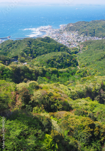 港町と春の山(鋸山から見る富津市と金谷港)