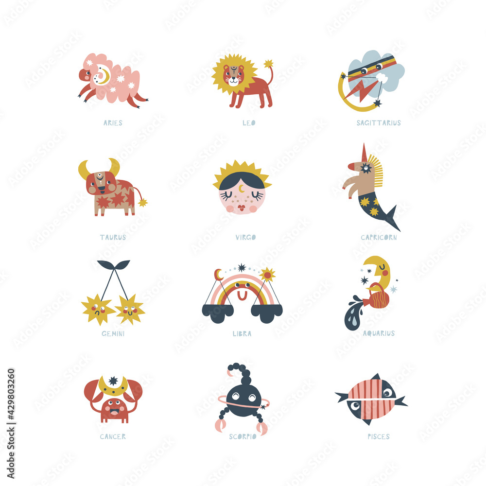 All zodiac character clip art set isolated on white. Cartoon horoscope vector illustration pack. Magical Boho baby spiritual astrological design. Scandinavian decorative childish icons.