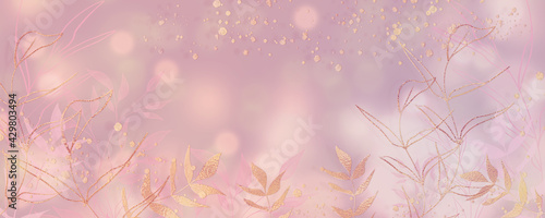 Aquarellzeichnung mit zarten Rosa FarbenBokehhintergund - florale Elemente mit Goldpartikeln und Glanzeffekten für Hintergundgestaltung 