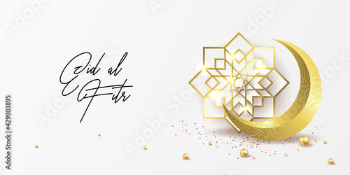 Ramadan kareem greeting card design template for invitation, banner, poster with lamp, crescent, calligraphy. Realistic vector illustration eid al fitr (Feast of Breaking the Fast). Eid Mubarak