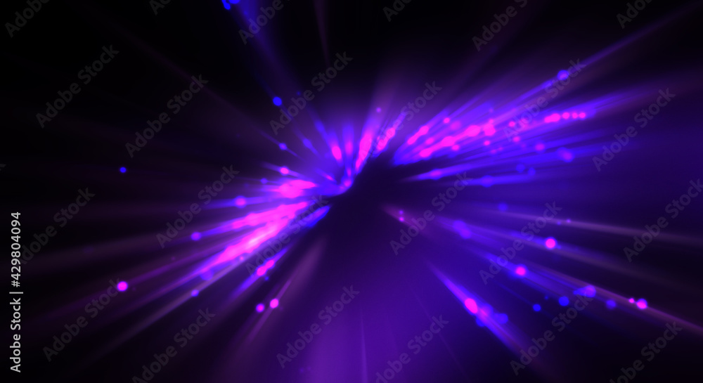 Dynamic moving burst of light. Beautiful shinning background of colorful lights. Vibrant energy display of a star with glowing light rays and particles.