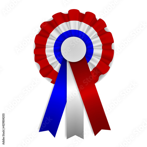 Tricolor isolated cockade. Blue, white and red rosette. French cockade with ribbons