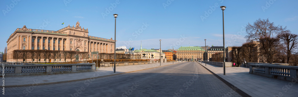 Sweden government house and the bridge street Norrbro empty a sunny spring day in Stockholm