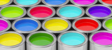 Colorful rows of open metal paint cans. 3D illustration 