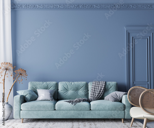 Home interior mock-up with turquoise sofa, wooden table and decor in blue classic living room, 3d render	