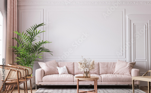 Fotografia farmhouse interior living room, empty wall mockup in white room with pastel pink