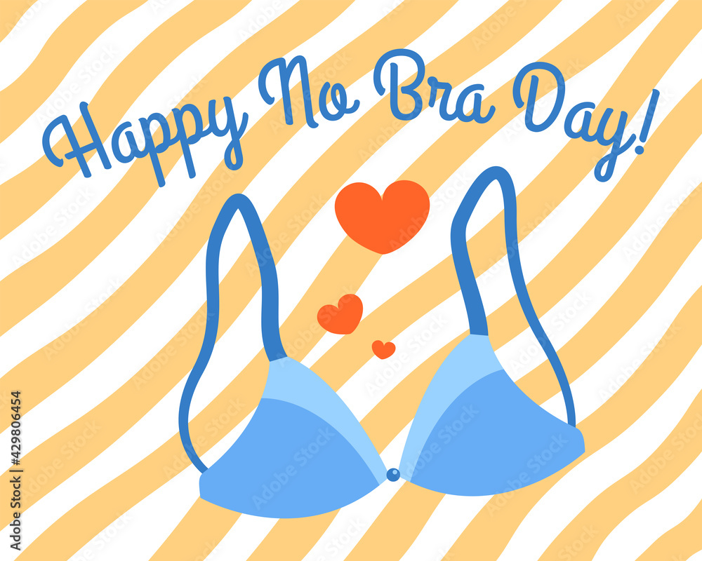 Vetor de Happy no bra day. Positive feministic cute postcard with blue  lingerie and hearts. October 13, braless day do Stock