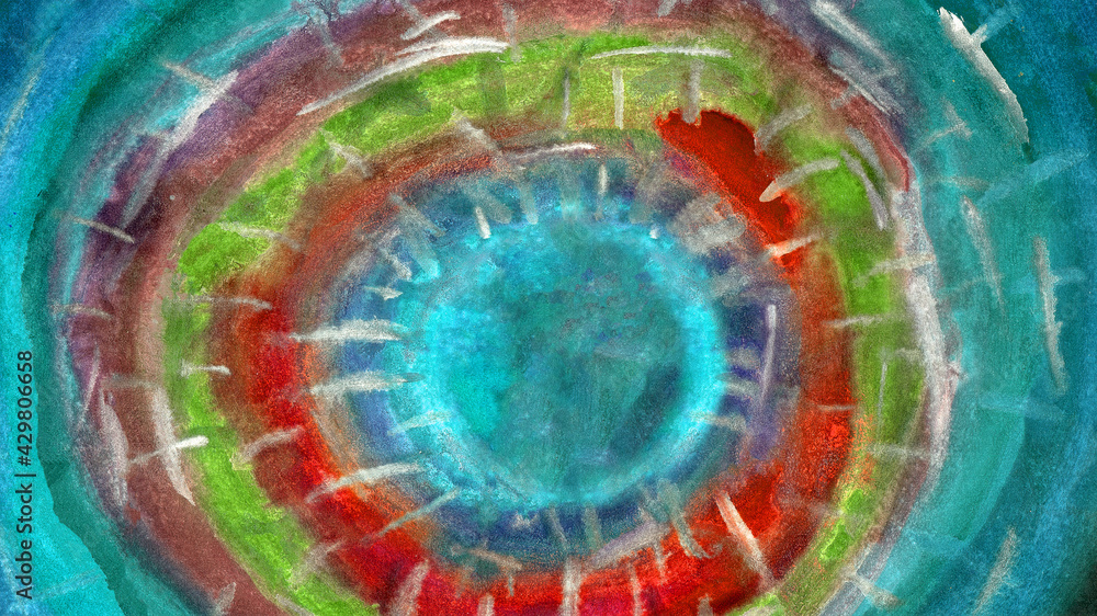 fluid red, green and blue watercolor background with spiral circular lines drawn