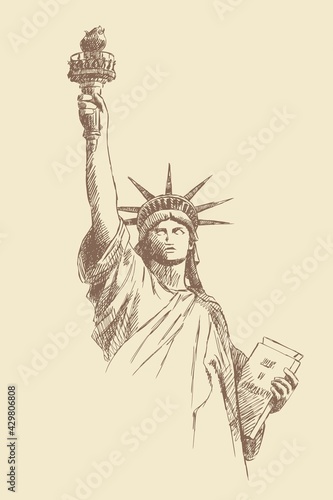 Sketch of the Statue of Liberty on a beige background, New York, USA. American national symbol. Woman with torch and book in hand. Vintage brown and beige card, hand-drawn. Old design.