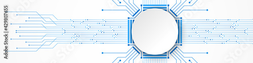 Abstract Technology Background, white circle banner on blue circuit board pattern