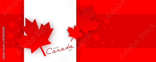 Happy Canada Day 1st of July, big size background vector holiday poster with red paper cut Canada maple leaf and hand drawn lettering. Vector illustration Holiday concept of Happy Canada 