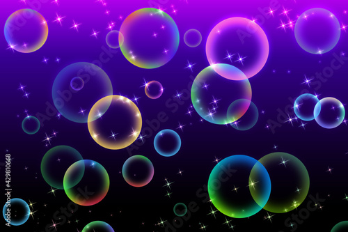 シャボン玉、虹色のバブルと光の粒子、紫〜黒の背景