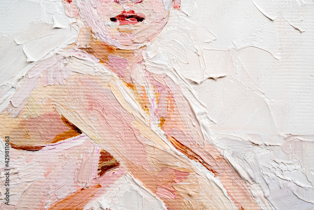 Little pretty girl in the white dress on the abstract background. Palette knife technique of oil painting and brush.