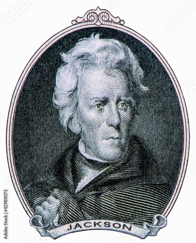 Andrew Jackson who served as the 7th president of the United States. Portrait from Andrew Jackson on United States of America Dollars Banknote. photo