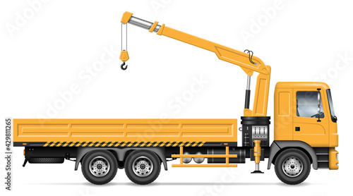 Crane truck vector illustration view from side isolated on white background. Construction and loading equipment mockup. All elements in the groups for easy editing and recolor photo
