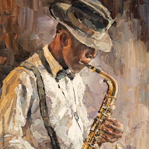 Canvas Print Stylish jazz band playing music on the scene, background is brown