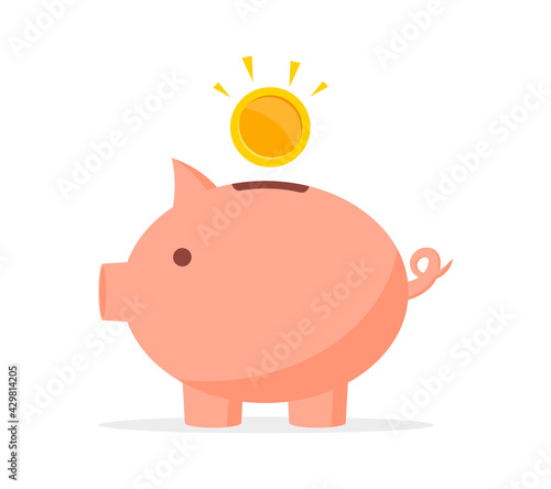 Piggy bank with coin in flat design. Concept of money saving, investment, accumulation of money and deposit. Flat icon for banking and finance. Vector illustration.