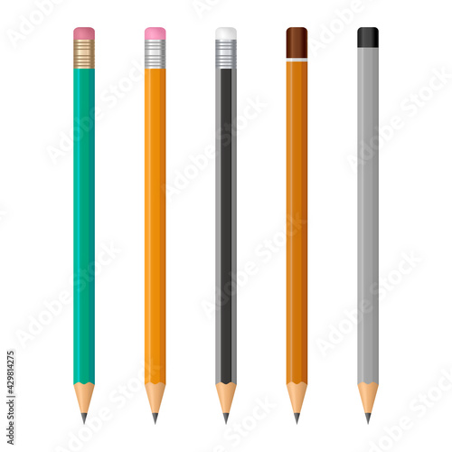 Set of realistic pencils with rubber eraser and without. Different wooden graphite sharp pencils. Sharpened lead pencils. Office stationery tools. Vector illustration.
