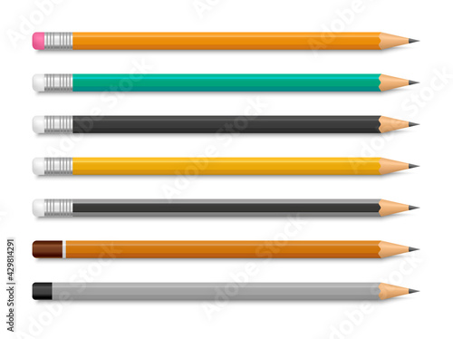 Realistic pencils with rubber eraser and without. Different wooden graphite sharp pencils. Sharpened lead pencils. Office stationery tools. Vector illustration.