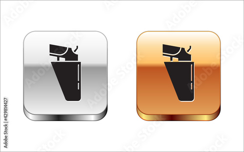 Black Revolver gun in holster icon isolated on white background. Silver and gold square buttons. Vector