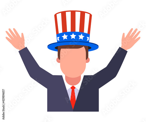 joyful American in a hat with his hands up. flat vector illustration isolated on white background.