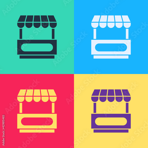Pop art Fast street food cart with awning icon isolated on color background. Urban kiosk. Vector