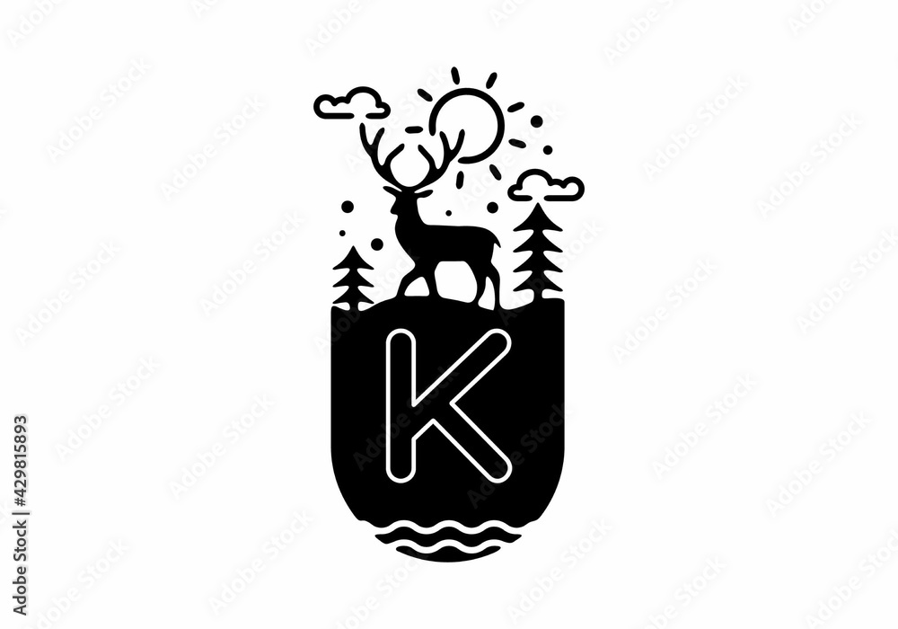 Black line art illustration of deer badge with K initial name in the middle Black line art illustration of deer badge with K initial name in the middle