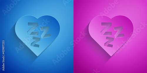 Paper cut Sleepy icon isolated on blue and purple background. Sleepy zzz black talk bubble. Paper art style. Vector