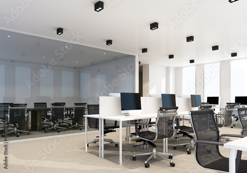Working area in modern office with carpet floor and meeting room. interior 3d rendering