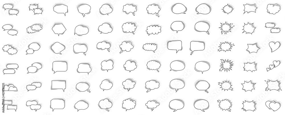 Cartoon talk bubble. Speech clouds, thinking bubbles and conversation text elements vector illustration set. Empty speech and thought bubbles in pop art style. Good scaling. Perfect transparency