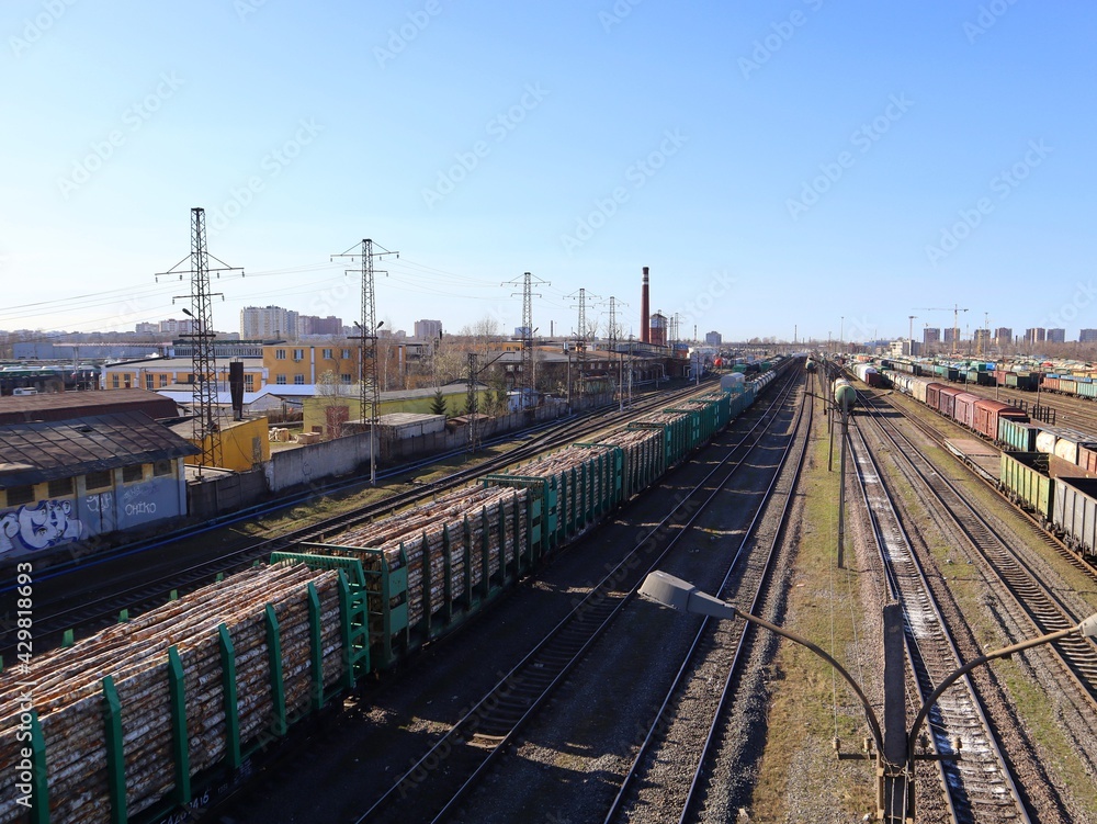 railway station, railroad, sunny day, blue sky, freight train, trains, wagons railway station, railroad, sunny day, blue sky, freight train, trains, wagons