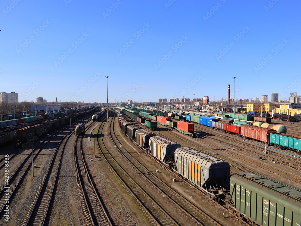 railway station, railroad, sunny day, blue sky, freight train, trains, wagons