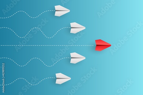 Individual red leader paper plane lead other. Business and leadership concept. Vector