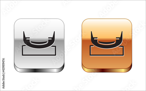 Black Boat swing icon isolated on white background. Childrens entertainment playground. Attraction riding ship, swinging boat. Amusement park. Silver and gold square buttons. Vector